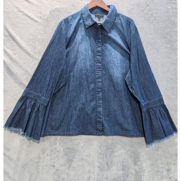 Lane Bryant Womens Denim Chambray Frayed Bell Sleeve Button Up Blouse Size 24 - Picture 1 of 11
